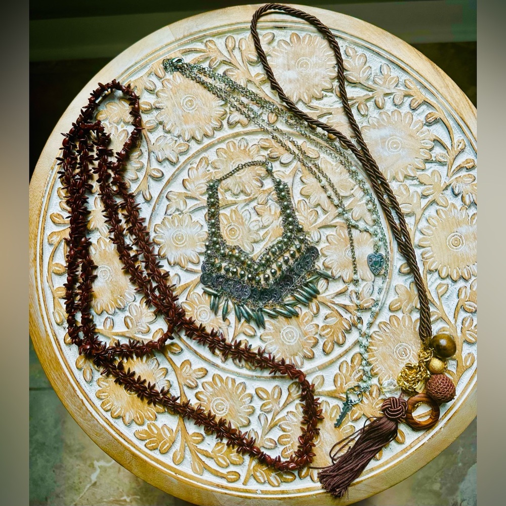 LOT—3 long boho style necklaces and 1 silver anklet